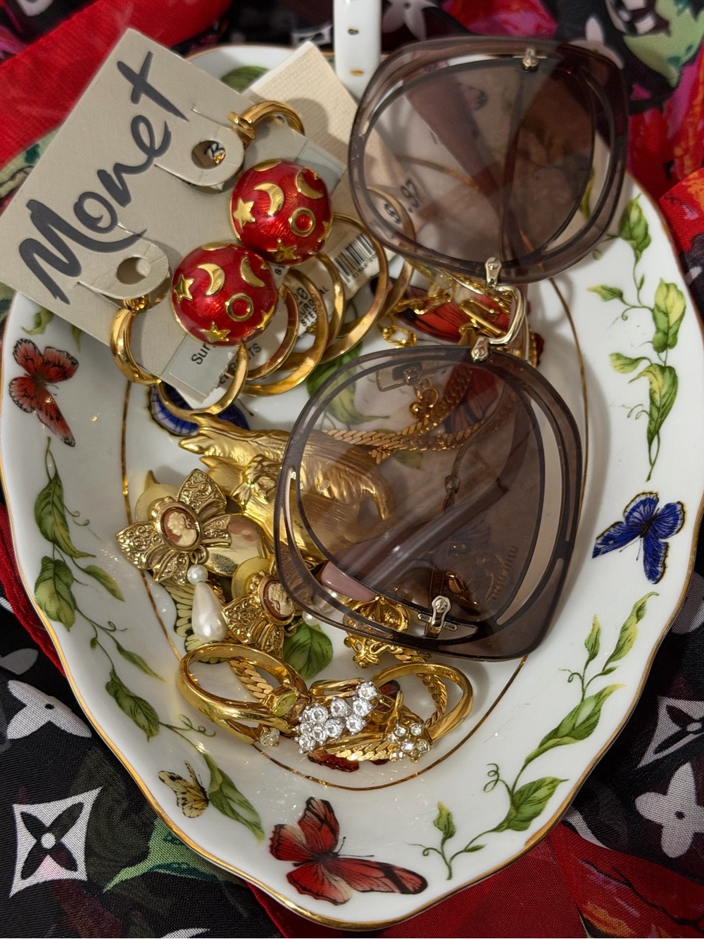 Vintage gold tone jewelry lot signed monet/espo/parklane/miumiu/kjl trinket dish